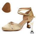 Women's Latin Dance Shoes Ballroom Salsa Waltz Tango Square Modern Dance Shoes Ladies Elegant Closed Toe Satin Rhinestone Shoes