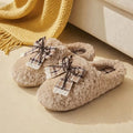 Plaid Bow Lace Plush Slippers Women House Vintage Winter Fluffy Mules Shoes Girls Bowknot Indoor Fuzzy Fur Slides Non-Slip Sole