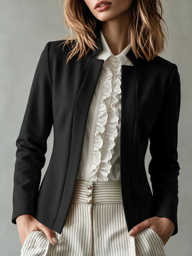Spring Autumn Women Stand Collar Open Blazer Long Sleeve Solid Color Light Slim Commute Jacket