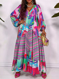 Women Plus Size V-Neck Long Sleeve Maxi Dress Color Tropical Print Striped Tiered Ruffle Loose Flowy Beach Bohemian Long Dress