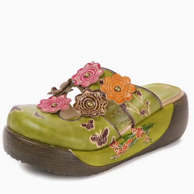 ZXRYXGS Premium Pu Leather Flowers Women Stylish Slippers Flat Wedges Sandals 2026 Round Toe Large Size Wearing Outside Slippers