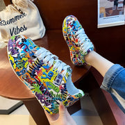 Women's Casual Sneakers Painted Graffiti Lace Up Sports Shoes for Women Flat Pu Leather Ladies Running Shoes 2024 Fashion New