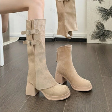 Women's Knee Boots 2025 Autumn Fashion Round Toe Platform Metal Buckle Suede Leather Long Boots Non-Slip High Heel Ankle Boots