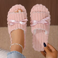 Women Bow Decor Corduroy Open Toe Slippers Soft Flat Non Slip Indoor Bedroom Home House Shoes