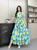 French Retro V-Neck Ruffle Sleeves Pleated Floral Dress For Women 2025 Summer High Waist Slimming Chiffon Long Dress w104