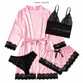 Women's 4-Piece Faux Silk Satin Pajama Set with Lace Trim Robe, Camisole, Shorts and Panties, Spring Loungewear, XS-XXL