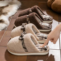 Winter Warm Plush Slippers for Women Men Plaid Bowknot Design Thick Sole House Shoes Indoor Fuzzy Casual Cute Couple Slides