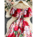 Off-Shoulder Ruffle Floral Slimming Elegant Resort Dress 2025 Summer New