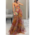 Sleeveless V-neck Women's Maxi Skirt 2025 New Mesh Print Slip Dress for Vacation Casual Party Dress Comfortable Oversized Skirt