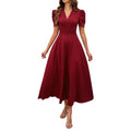 New Women's Short Sleeve Dress Spring and Summer High Waist Pullover V-Neck Dresses Fashion Female Casual Long Dresses