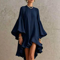 Vintage Oversized Bell Sleeve Dress Women O Neck Irregular Ruffle Hem Solid A-Line Short Dress Elegant Resort Prom Guest Dresses