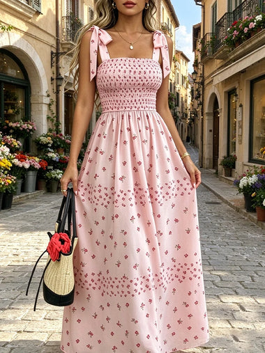 Women's Floral Long Dress with Bow Shoulder Straps, Spaghetti Straps, Long A-Line, Flowing, Summer Beach Vacation Casual Dress
