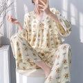 Summer Lady Cotton Silk Thin Pajamas Sets Women V-Neck Long Sleeve Tops Sleepwear Pants 2PCS Female Korean Loose Homewear Suits