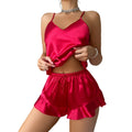 2pcs Sexy Silk Soild Color Suspender and Short V-Neck Sleeveness Sling Breathable Thin Women Nightdress for Women Home Wear