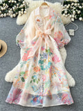 SINGREINY High Quality 3D Floral Dress Female Single Breasted Puff Sleeves Chic French Vintage Senior Organza Print Long Dress