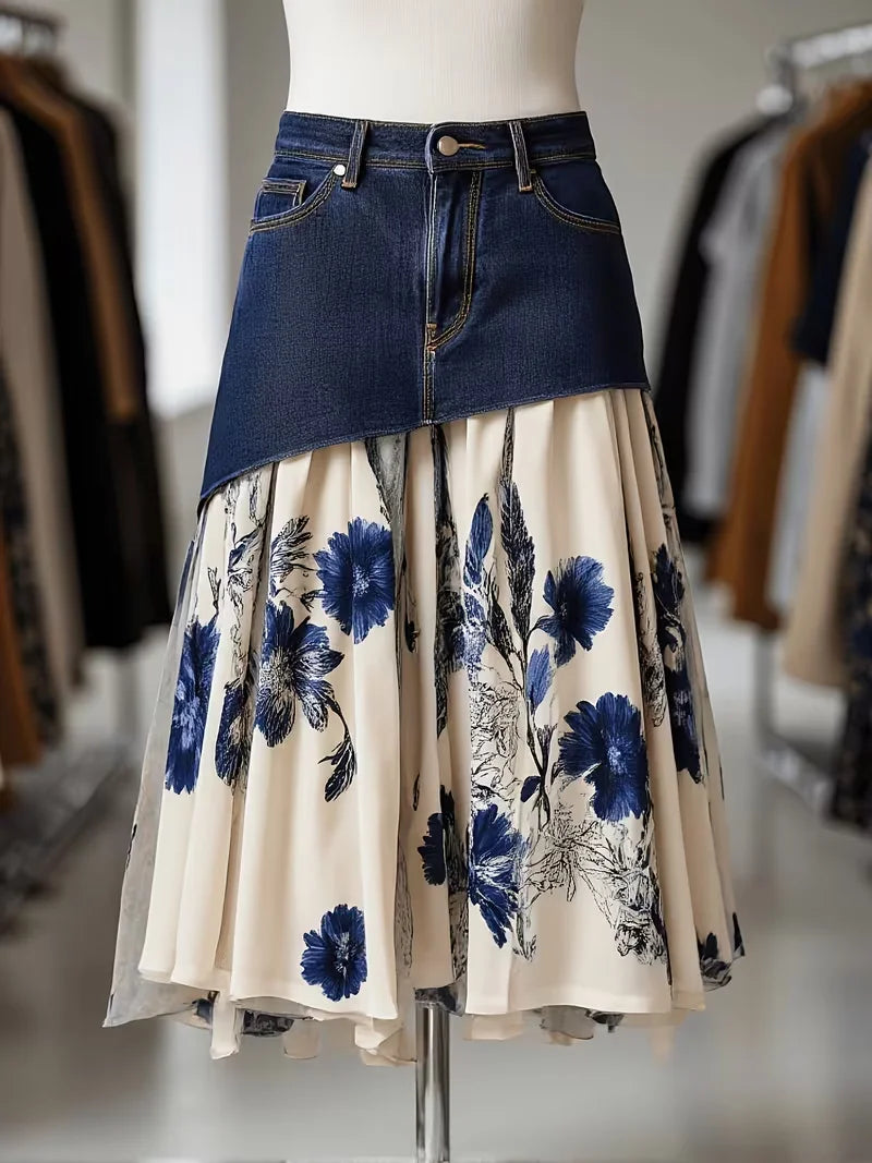 1. Plus Size Irregular Denim Waist Spliced Blue Floral Print Chiffon Midi Skirt Ladies Layered A-Line Skirt