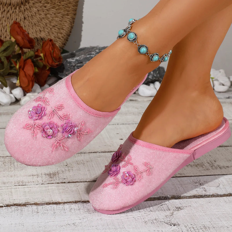Mix Colorful Sequin Flower Indoor Home Slippers Women Autumn Lightweight Soft Bottom Plush Mules Shoes Woman Bedroom Warm Slides