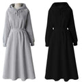 Autumn Winter Casual Women Hooded Cotton Long Dress Long Sleeved Pullover Solid Hoodie Shirring A-Line Floor-Length Rib Dresses