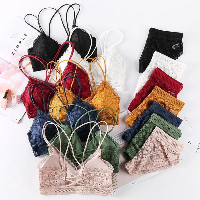 Lace Lingerie Set Cross Shoulder Strap Without Steel Ring Bra Women's Comfortable Support Underwear Fashionable Gathering Design