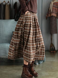 Women's Plaid Midi Skirt Elastic Waist Loose Pleated Long Flowy Mid Calf Skirt with Pockets 100% Polyester Vintage Casual