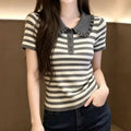 Striped Knit Blouse Quarter Button Short Sleeve Peter-Pan Collared Shirt Tops Women Summer Tops Sporty Wear Tennis Core