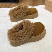 Women Winter Chunky Platform Slippers Extra Curly Sherpa Trim Booties Faux Suede House Shoes Height Increasing Mules