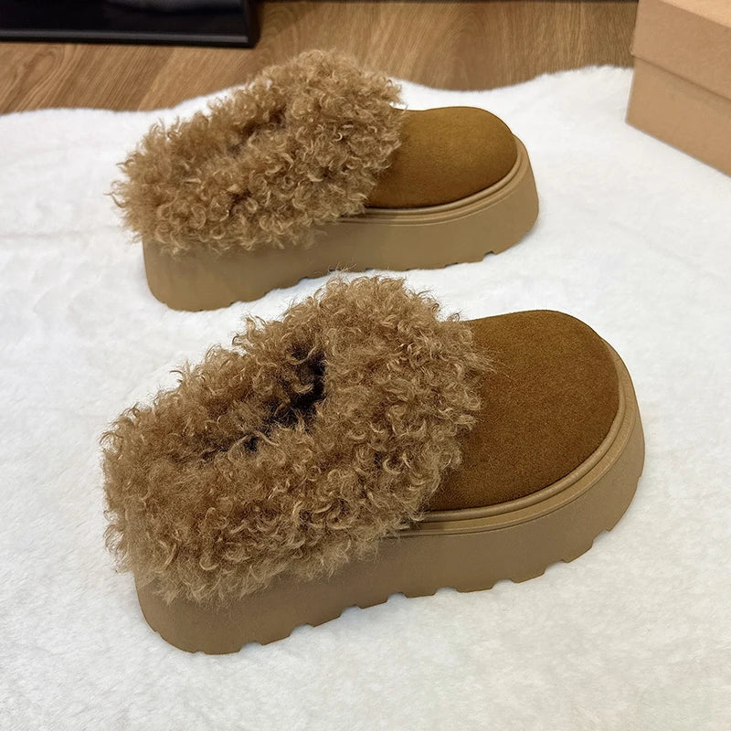 Women Winter Chunky Platform Slippers Extra Curly Sherpa Trim Booties Faux Suede House Shoes Height Increasing Mules