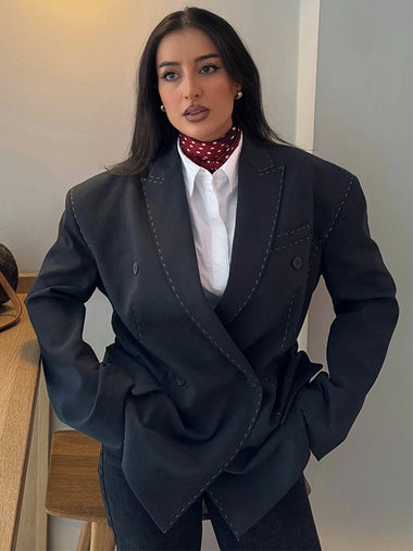 Fashion Line Women's Blazers Coat Shoulder Pads Long Sleeve Lapel Female Jackets 2026 Autumn Doubel-breasted Office Lady Coats