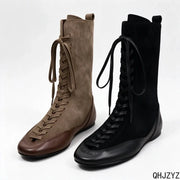 2026 New Women round head Toe Lace Up High Boots, Cross Strap Design Long Booties, Fashion Casual Daily Outdoor Footwear