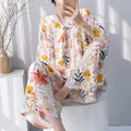 Summer Lady Cotton Silk Thin Pajamas Sets Women V-Neck Long Sleeve Tops Sleepwear Pants 2PCS Female Korean Loose Homewear Suits