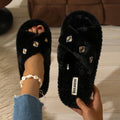 Cross Band Warm Fluffy Furry Slippers Women Light Flat Sole Fur Slides Woman Autumn Winter Open Toe Non Slip Home Floor Shoes