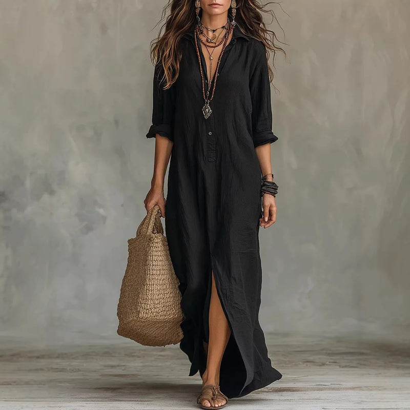 Women Dresses 2026 Spring/Summer Casual Solid Color Lapel Front Slit Long Dress Women's Clothing Vestidoes