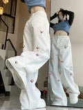 Aoaiiys White Jeans Women Cherry Embroidery Black Straight Trousers High Waisted Casual Wide Leg Pants Spring Summer New Jeans