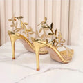 Women High Heels Shoes 2026 Summer Fashion Patent Leather Gold Leaf Women Sandals Elegant Pointed Toe Thin High Heels Gladiator Sandalias Party Shoes