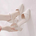 Ladies Elegant Beige Pointed Toe Thin Strap Cross Buckle Mid Heel Sandals Daily Office Shoes