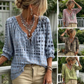 Adjustable Strap V Neck Blouse Women Summer Shirt V Neck Lace Up Blouse Plaid Print Lightweight Chiffon Top Breathable 3/4