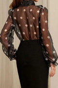 Women's Polka Dot Blouse Bow Neck Puff Sleeve Sheer Mesh See Through Vintage Office Lady Autumn Tops Elegant Shirt