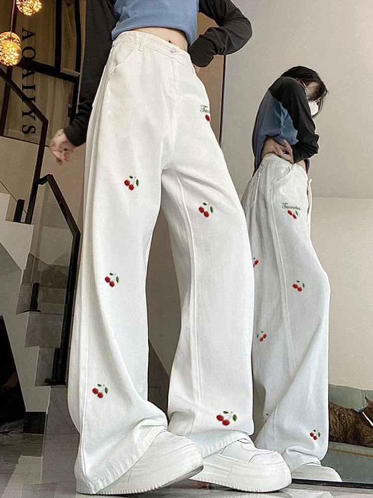 Aoaiiys White Jeans Women Cherry Embroidery Black Straight Trousers High Waisted Casual Wide Leg Pants Spring Summer New Jeans