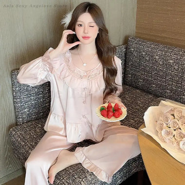 Sexy Lace Patchwork 2PCS Pajamas Set Women Sweet Sleepwear French Princess Style Homewear Silk Satin Loose Nightwear Lounge Wear
