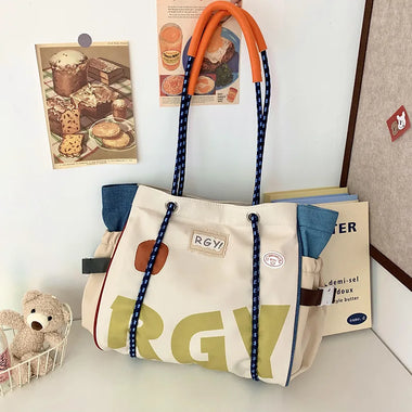Women Tote Bag Korean Style Contrasting Printed Tote Bag Large Capacity Splicing Underarm Bag New Stylish Letter Shoulder Bag for Women