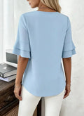 Women Round Neck Double Ruffle Half Sleeve Blouse Solid Front Pleat Loose Flowy Chiffon Tunic Top Office Casual Shirt