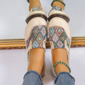Women Bohemian Canvas Mule Sandals Ethnic Geometric Print Ultra‑Light Non‑Slip PU Sole Closed Toe Flat Slip‑On Casual Shoes
