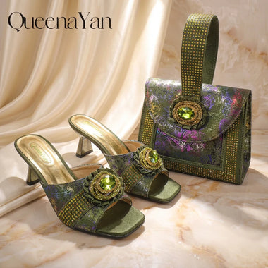 2026 New Olive Set High-Heel Shoes and Handbag Set Sparkling Rhinestone Party Shoes and Bag in Big Size Perfect for Occasions