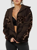 Women Zip Up Hoodie Leopard Print Patchwork Long Sleeve Drawstring Hooded Jacket Casual Streetwear Sweatshirt