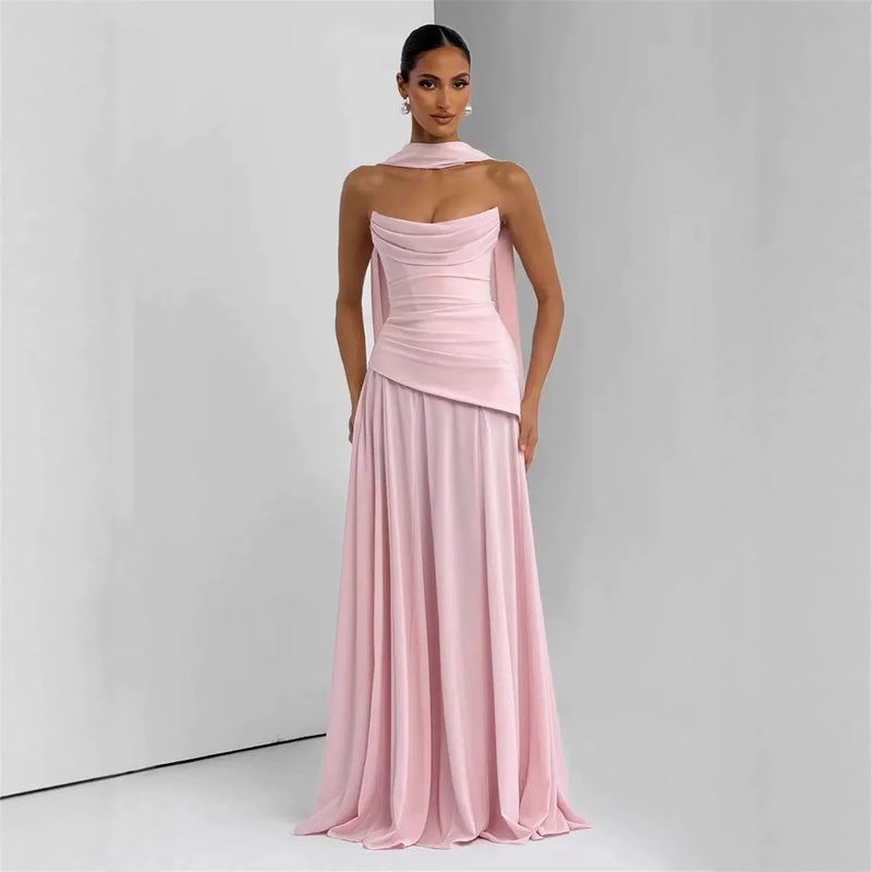 Party Dress Multi Color Strapless Evening Dress for Women Elegant Draped Bodice Halter Scarf A Line Floor Length Formal Party Gown