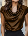 Women Satin Cowl Neck Blouse Cap Short Sleeve Solid Color Elegant Office Lady Shirt Tops