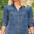 Women Pocketed Denim Shirt Dress Rollable Sleeve Open Front Maxi Tunic Dress