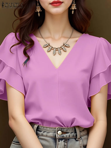 2025 ZANZEA Elegant Office Work Shirts Women Summer Tunic Blouse Fashion V Neck Short Ruffled Sleeve Tops Solid Blusas Oversize