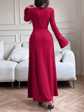 Elegant Lady's Long-Sleeved Simple Basic Solid-Color Dress