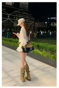 Women 2-in-1 Fold Over Slouchy Knee High Boots Hidden Wedge Rivet Buckle Faux Suede Pointed Toe Non Slip Vintage Winter Shoes